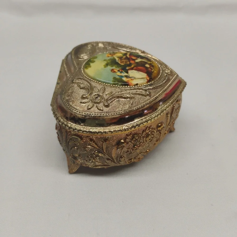 Vintage Victorian Ornate Japan Gold Tone Metal Trinket Box Lined Footed Jewelry